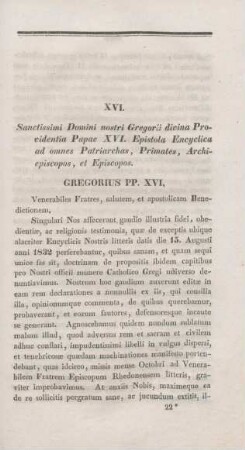 323-334 Sanctissimi Domini nostri Gregorii divina Providentia Papae XVI. Epistola Encyclica ad omne Patriarchas, Primates, Archiepiscopos et Episcopos