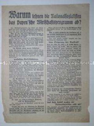 Propagandaflugblatt der NSDAP zur Reichstagswahl im November 1932 mit scharfer Polemik gegen die Wirtschaftspolitik der Papen-Regierung