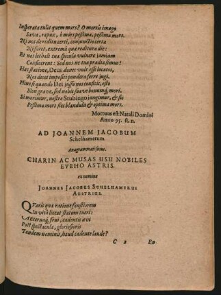 Ad Joannem Jacobum Schelhamerum Anagrammatismus. Charin Ac Musas Usu Nobiles Eveho Astris.