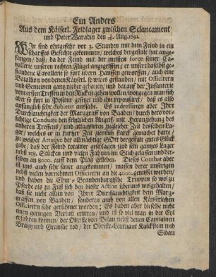 Ein Anders Aus dem Käiserl. Feldlager zwischen Sclancament und Peter Waradin den 9/ 19. Aug. 1691.