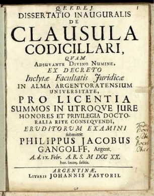 Dissertatio Inauguralis De Clausula Codicillari