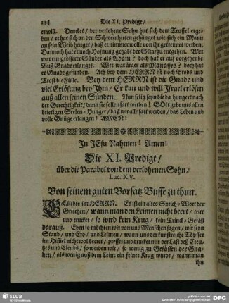 Die XI. Predigt, über die Parabol von dem verlohrnen Sohn, Luc. XV.