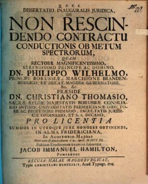 Dissertatio Inauguralis Juridica, De Non Rescindendo Contractu Conductionis Ob Metum Spectrorum