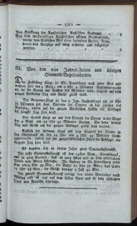 III. Von den vier Jahres-Zeiten und übrigen Himmels-Begebenheiten