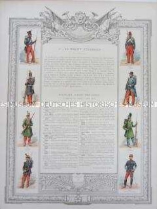 Uniformdarstellung, Uniformen von Soldaten des 1. Fremden-Regiments und Zeittafel von Schlachten und Belagerungen mit Beteiligung dieses Regiments bzw. seiner Vorläufer, Frankreich, 1832-1892.