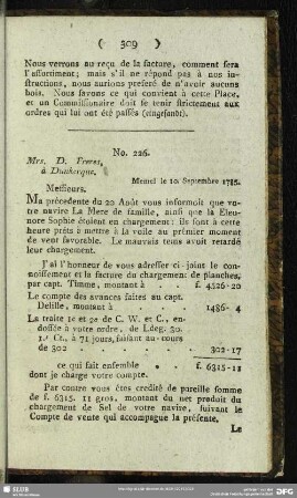No. 226. Mrs. D. Freres, à Dunkerque. Memel le 10. Septembre 1785