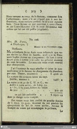 No. 226. Mrs. D. Freres, à Dunkerque. Memel le 10. Septembre 1785