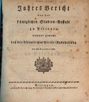 Jahresbericht von der Königlichen Studien-Anstalt zu Dilingen. 1818