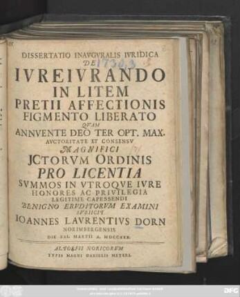 Dissertatio Inavguralis Ivridica De Ivreivrando In Litem Pretii Affectionis Figmento Liberato