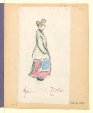 Frau mit rotem Kragen und violettem Rock