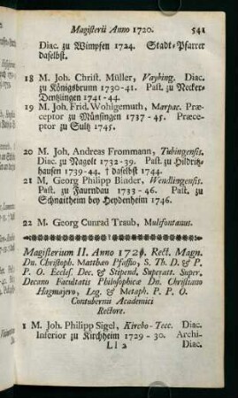 Magisterii Anno 1721 - 1726 [Jahr handschriftlich korrigiert]
