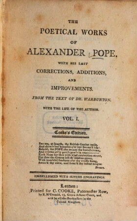 The poetical works : with his last corrections, additions and improvements ; with the life of the author ; embellished with superb engravings, Vol. 1