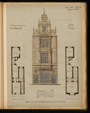 Eingebautes Wohnhaus Monatskonkurrenz März 1882: Grundriss Erdgeschoss, 1. Obergeschoss, Aufriss Straßenansicht; Maßstabsleiste
