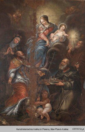 Madonna mit Kind in Glorie, umgeben von Heiligen