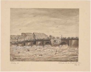 Einsturz des fünften Pfeilers (mit Kruzifix) der Elbbrücke (alte Augustusbrücke) in Dresden während des Hochwassers im März 1845