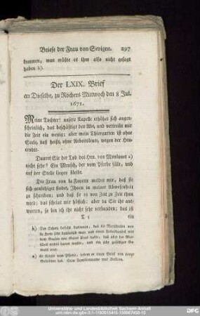 Der LXIX. Brief an Dieselbe, zu Rochers Mittwoch den 8 Jul. 1671.