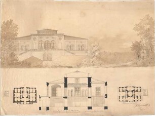 Reiffenstuel, Michael; Villa, Landhaus mit Pavillon - Grundrisse, Ansicht, Schnitt