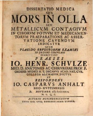 Diss. med. qua mors in olla, seu metallicum contagium in ciborum, potuum e praeparatione ac asservatione cavendum indicatur