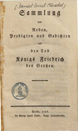 Sammlung von Reden, Predigten und Gedichten auf den Tod Königs Friedrich des Großen