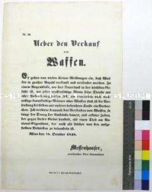 Maueranschlag des Ober-Kommandanten Messenhauser betreffend den Waffenhandel