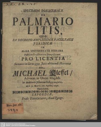 Specimen Inaugurale De Palmario Litis