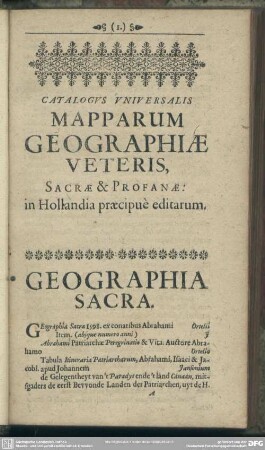 Catalogus Universalis Mapparum Geographiae Veteris, Sacrae & Profanae. in Hollandia praecipue editarum