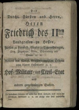 Hof- Militair- und Civil-Etat nebst andern gemeinnuetzigen Sachen