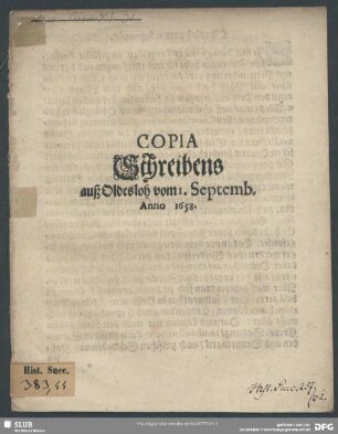 Copia Schreibens auß Oldersloh vom 1. Septemb. Anno 1658