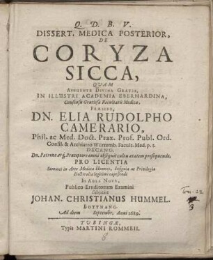 Dissert. Medica Posterior, De Coryza Sicca