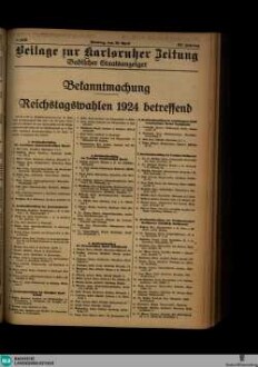 Karlsruher Zeitung, Bekanntmachung. Reichstagswahlen 1924 betreffend