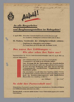 "Aufruf! An alle Bergarbeiter und Bergbauangestellten im Ruhrgebiet!"