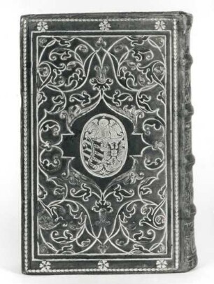 Handschrift von 1591 : Einband zu "Christliche, Nützliche Fragen und Antwort ..." (von P. Melanchthon, gedruckt von M. Welack, 1590 in Wittenberg, verlegt von S. Selfisch). Hinterdeckel (1591, Dresden, C. Meuser; braunes Kalbsleder auf Pappe; mit Platte, Rollen und Stempeln verziert, vergoldet; 170 x 110 mm; Sächsische Landesbibliothek - Staats- und Universitätsbibliothek Dresden (SLUB))