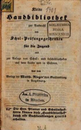 Kleine Handbibliothek zur Auswahl von Schul- Prüfungsgeschenken für die Jugend und zur Anlage von Schul- und Lesebibliotheken auf dem Lande und in Städten