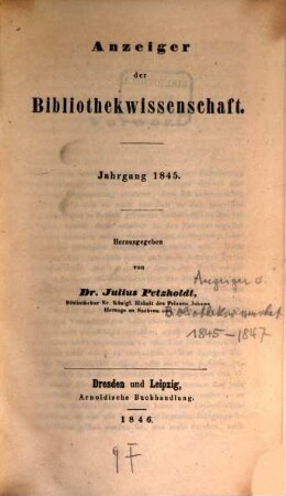 Anzeiger der Bibliothekwissenschaft. 1845 (1846)