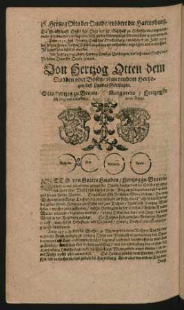 Wappen. Otto Hertzog zu Braunschweig und Lüneburg. und Margareta/ Hertzogin vom Berge.