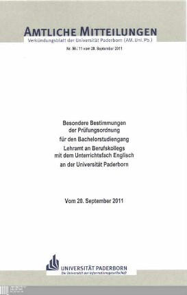 Besondere Bestimmungen der Prüfungsordnung für den Bachelorstudiengang Lehramt an Berufskollegs mit dem Unterrichtsfach Englisch an der Universität Paderborn : vom 20. September 2011