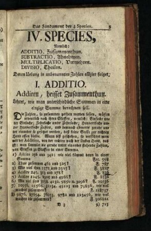IV. Species, Nemlich: Additio, Zusammenthun. Subtractio, Abnehmen. Multiplicatio, Vermehren. Divisio, Theilen
