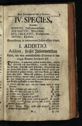 IV. Species, Nemlich: Additio, Zusammenthun. Subtractio, Abnehmen. Multiplicatio, Vermehren. Divisio, Theilen