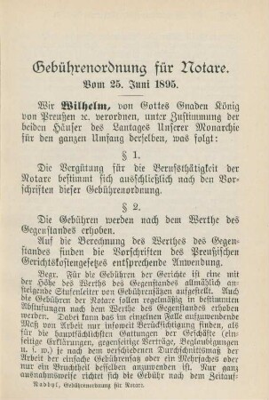 Gebührenordnung für Notare. Vom 25. Juni 1895.