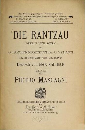 Die Rantzau : Oper in vier Acten