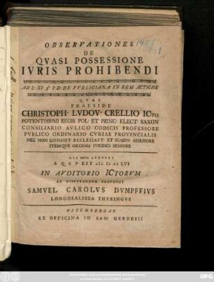 Observationes De Qvasi Possessione Ivris Prohibendi : Ad L. XI. §. I. D. De Pvbliciana In Rem Actione