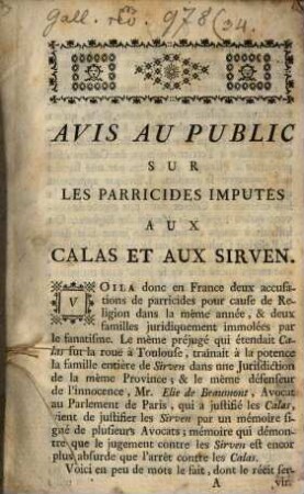 Avis au public sur les parricides imputés aux Calas et aux Sirven