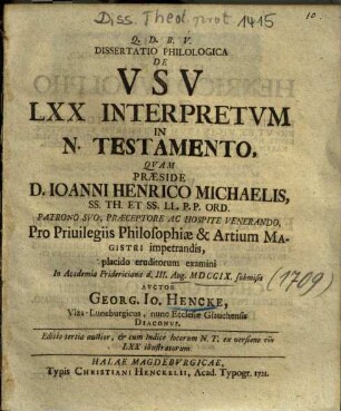 Dissertatio Philologica De Vsv LXX Interpretvm In N. Testamento