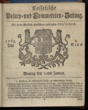 2. Stueck, Montag den 10ten Januar 1763