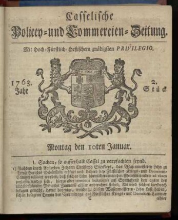 2. Stueck, Montag den 10ten Januar 1763