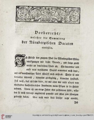 Vorbericht, welcher die Sammlung der Nuernbergischen Ducaten enthaelt