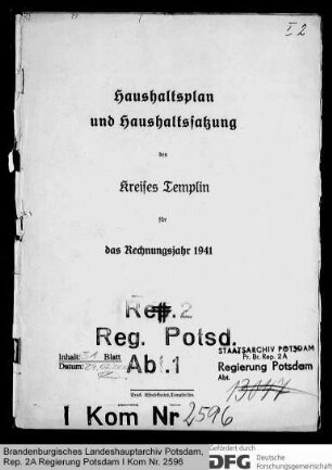 Haushaltsplan und Haushaltssatzung des Kreises Templin für das Rechnungsjahr 1941