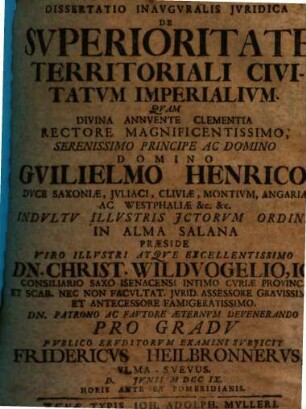 Dissertatio Inavgvralis Jvridica De Svperioritate Territoriali Civitatvm Imperialivm