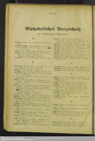 Einwohnerverzeichnis : Alphabetisches Verzeichniß der selbstständigen Einwohner