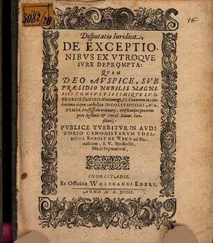 Disputatio Iuridica, De Exceptionibvs Ex Vtroqve Ivre Deprompta